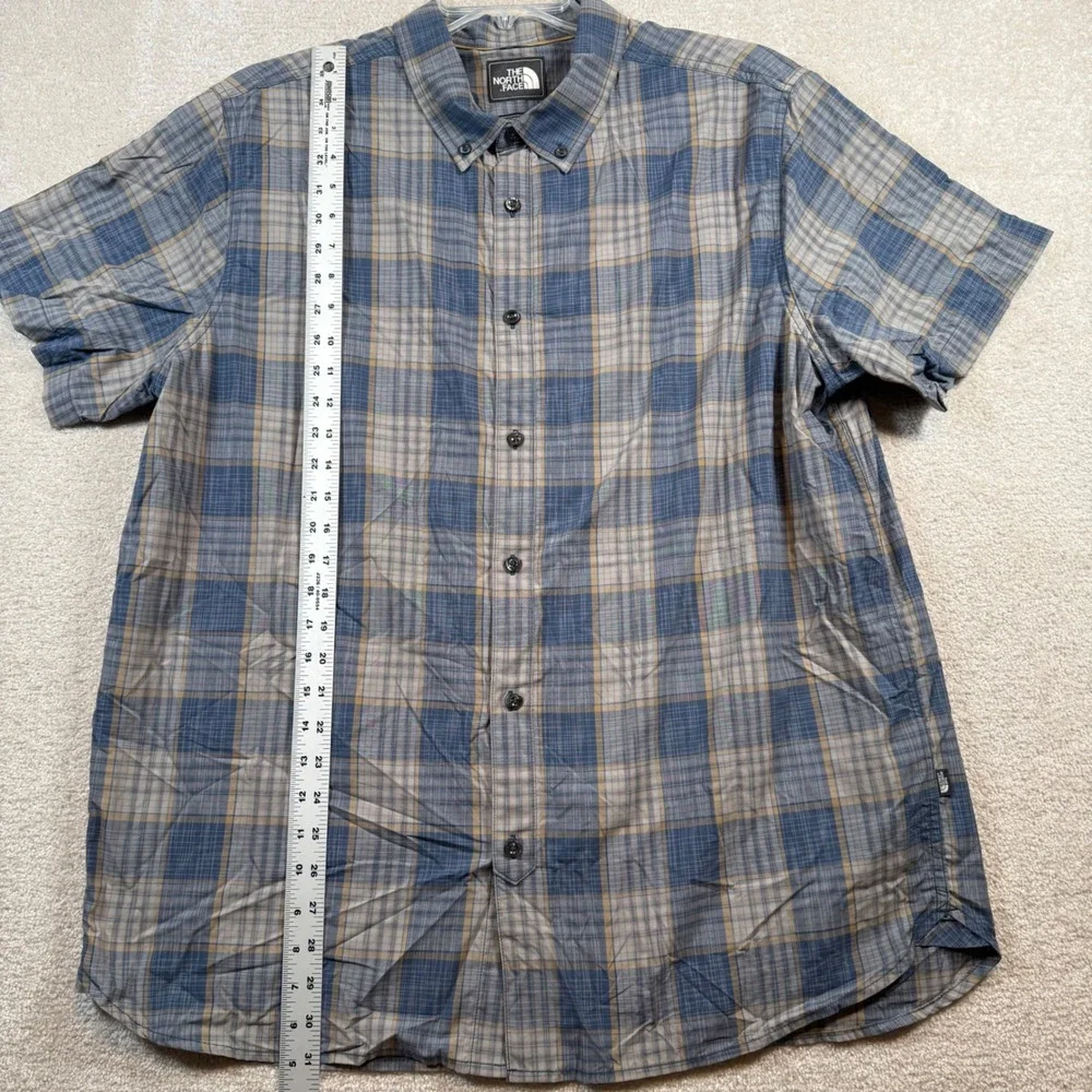 The North Face Button Down Shirt Mens XXL Blue Tan Plaid Short Sleeve Nylon